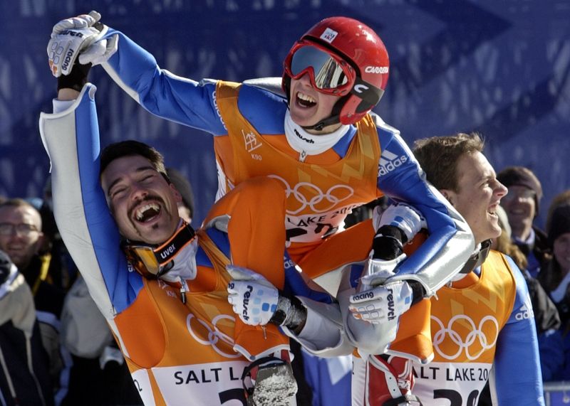 Le grand moment olympique: Simon Ammann après son saut en or en 2002 à Salt Lake City (Keystone-ATS)